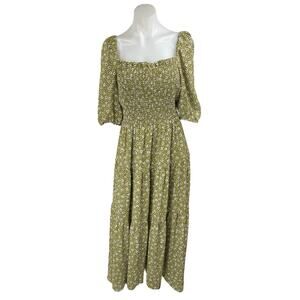 Ann Taylor Green Floral Short Sleeve Smocked Ruffle Tiered Maxi A-Line Dress 8